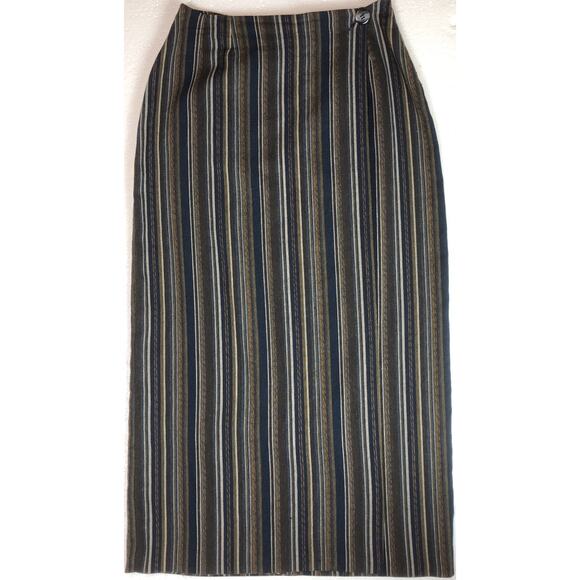 Express Wrap Skirt M Olive/Navy Stripe 26”W Wool Italy Boho Hippie Career Grunge - Picture 1 of 6